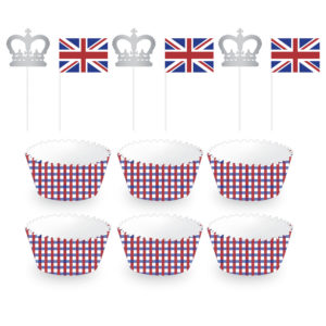 Union Jack Cup Cake Cases Kit with Crown and Flag Toppers