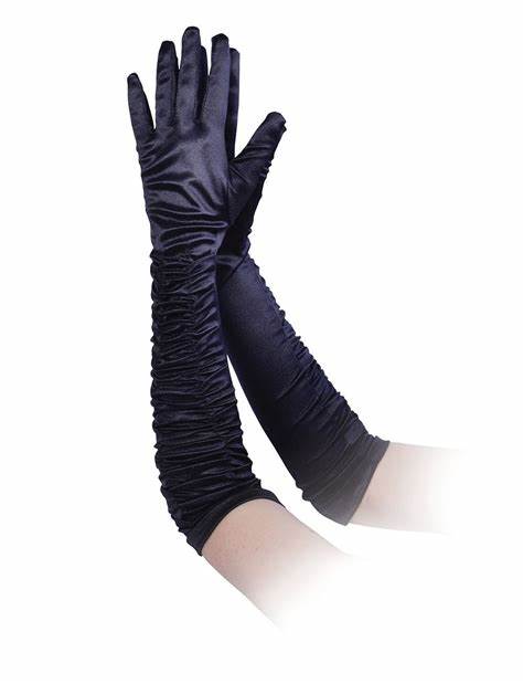 Long Gloves Black Satin Theatrical Ruched Stretch Elegant Gloves