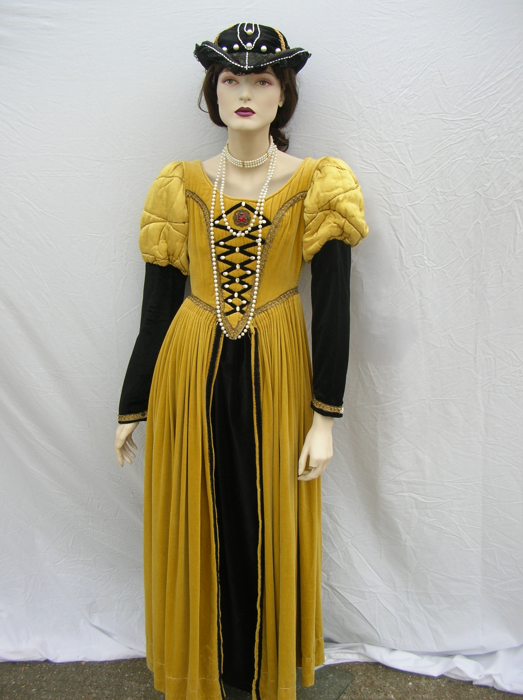gold-puffed-sleeved-split-black-skirt-pearl-detail-dress.