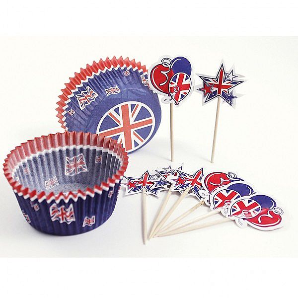 Union Jack cup cake cases and decorating set 48 Pieces