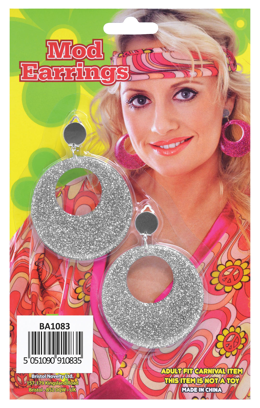 Large Silver Glitter Earrings Clip On 1960s 1970s Disco Jewellery