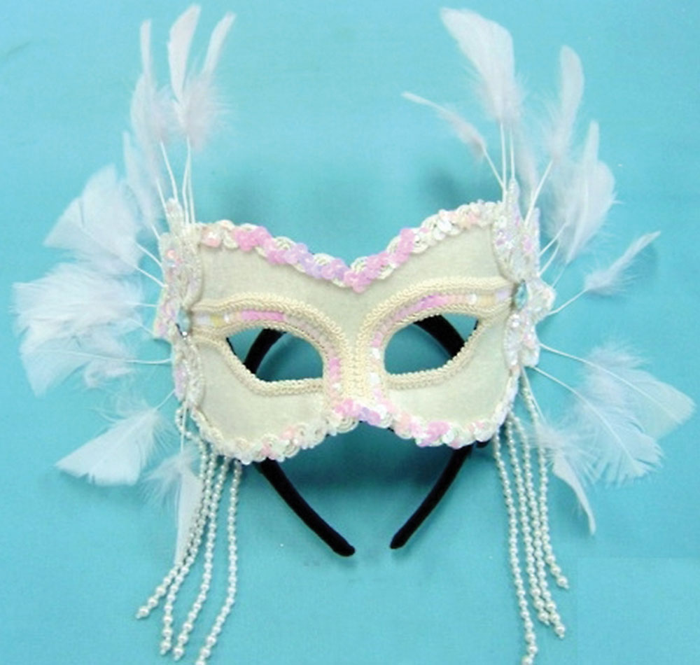White Velvet Mask Feathers on Head Band Masquerade Eyemask