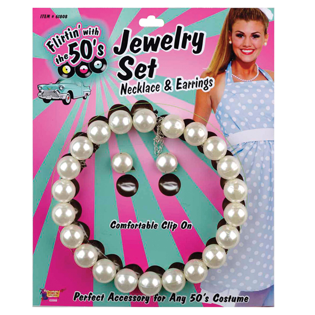 50s Pearl Necklace and Earring Set Fancy Dress Jewellery