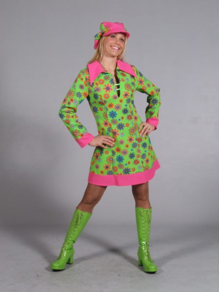 60s Bright and Funky Flower Power Hippy Dress with Pink Collar