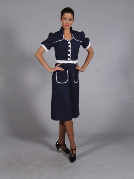 Navy 40s Dress with White Belt and Ric Rac Trim 16/18