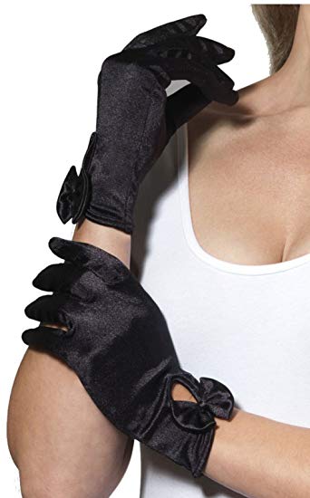 Elegant 1940s style Black Satin Gloves with Bow