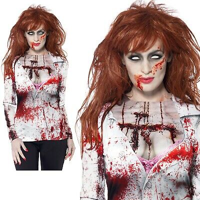 Ladies Zombie Female Top Costume T-shirt Halloween Fancy Dress