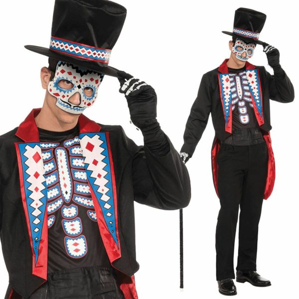 Mens Day Of The Dead Long Tail Suit Adult Halloween Skeleton Fancy Dress