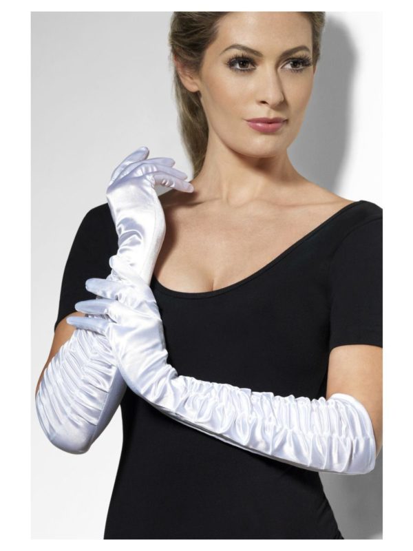 long white satin gloves ruched