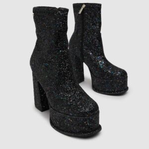 Black Glitter Platform Boots Ladies Ankle 70s Boots Disco