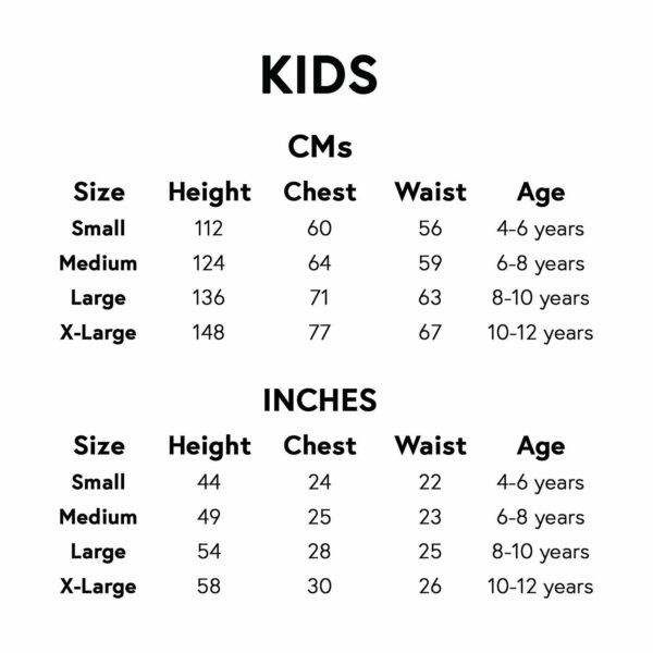 Size Chart for Fun Shack Childrens Costumes