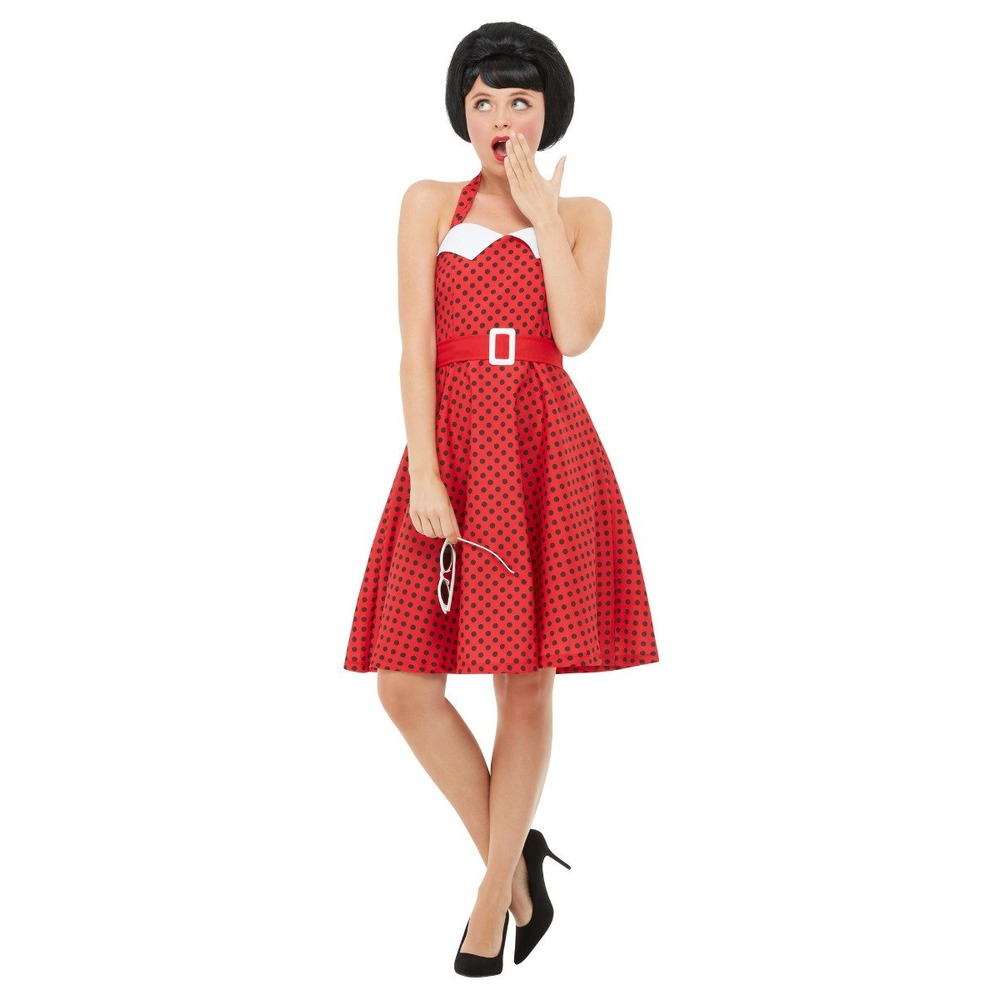 50s Rockabilly Pin Up Costume Red Halter Neck Swing Dress Sz 8-10 -