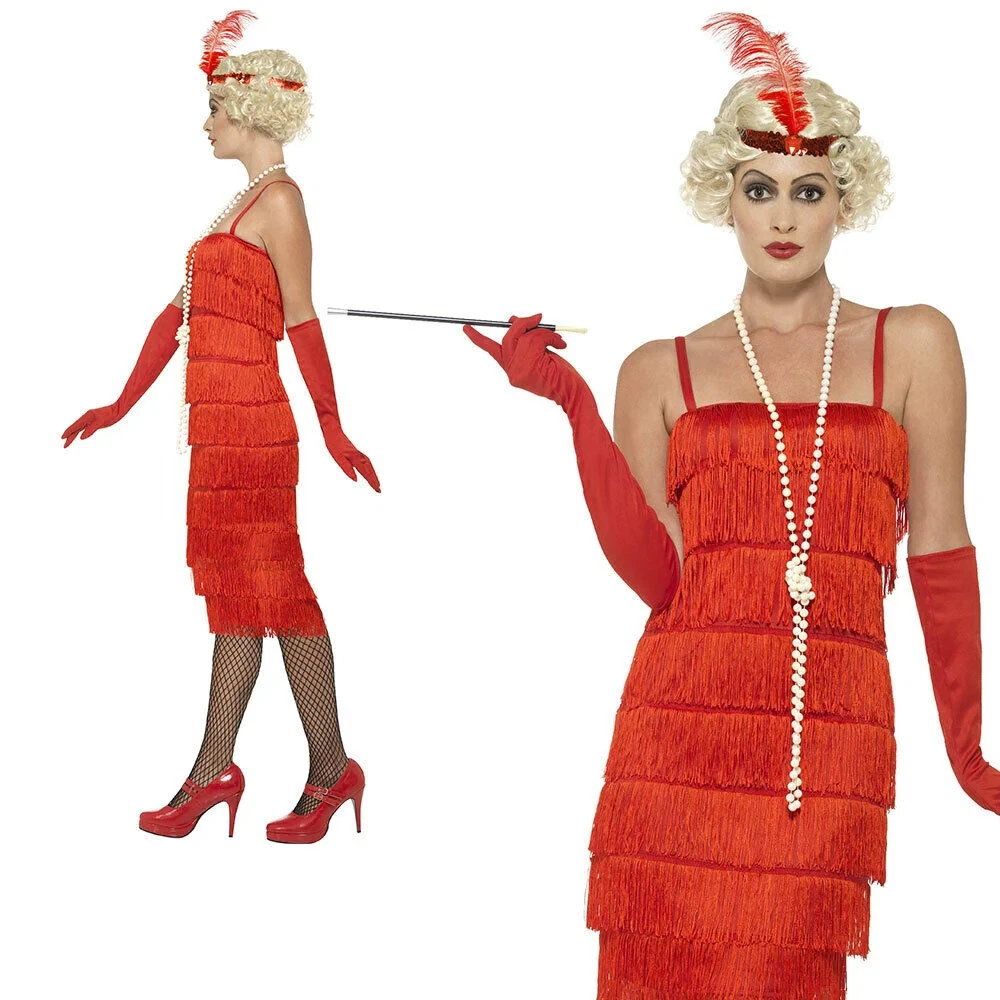 1920s Long Red Flapper Dress 20s Fancy Dress Costume Charleston Outfit